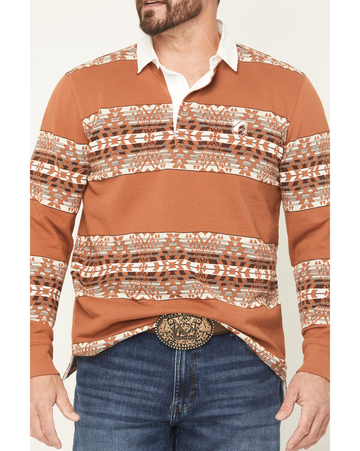 Image #2 - RANK 45&reg; Men's Southwestern Striped Rugby Polo Shirt, Cognac, hi-res