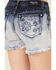 Image #4 - Grace in LA Women's Medium Wash Mid Rise Two Toned Floral Frayed Hem Denim Shorts, Blue, hi-res