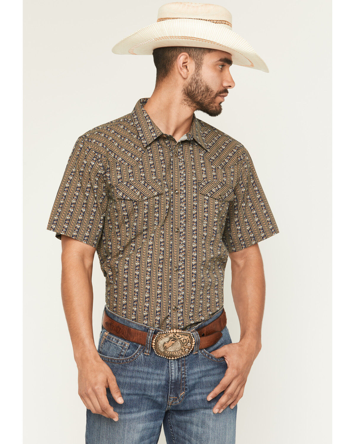 Gibson Trading Co Men's Evolve Floral Striped Short Sleeve Snap Western Shirt - Big, Navy, hi-res