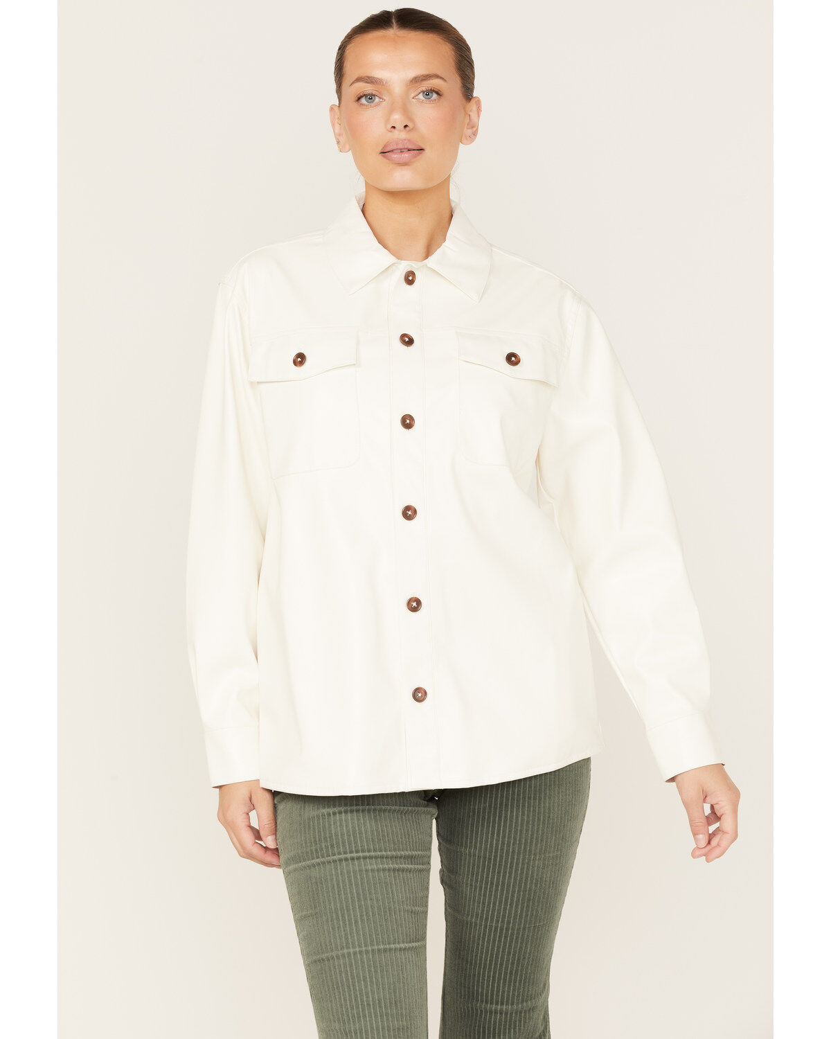 Cleo + Wolf Women's Oversized Solid Faux Leather Shacket, Ivory, hi-res