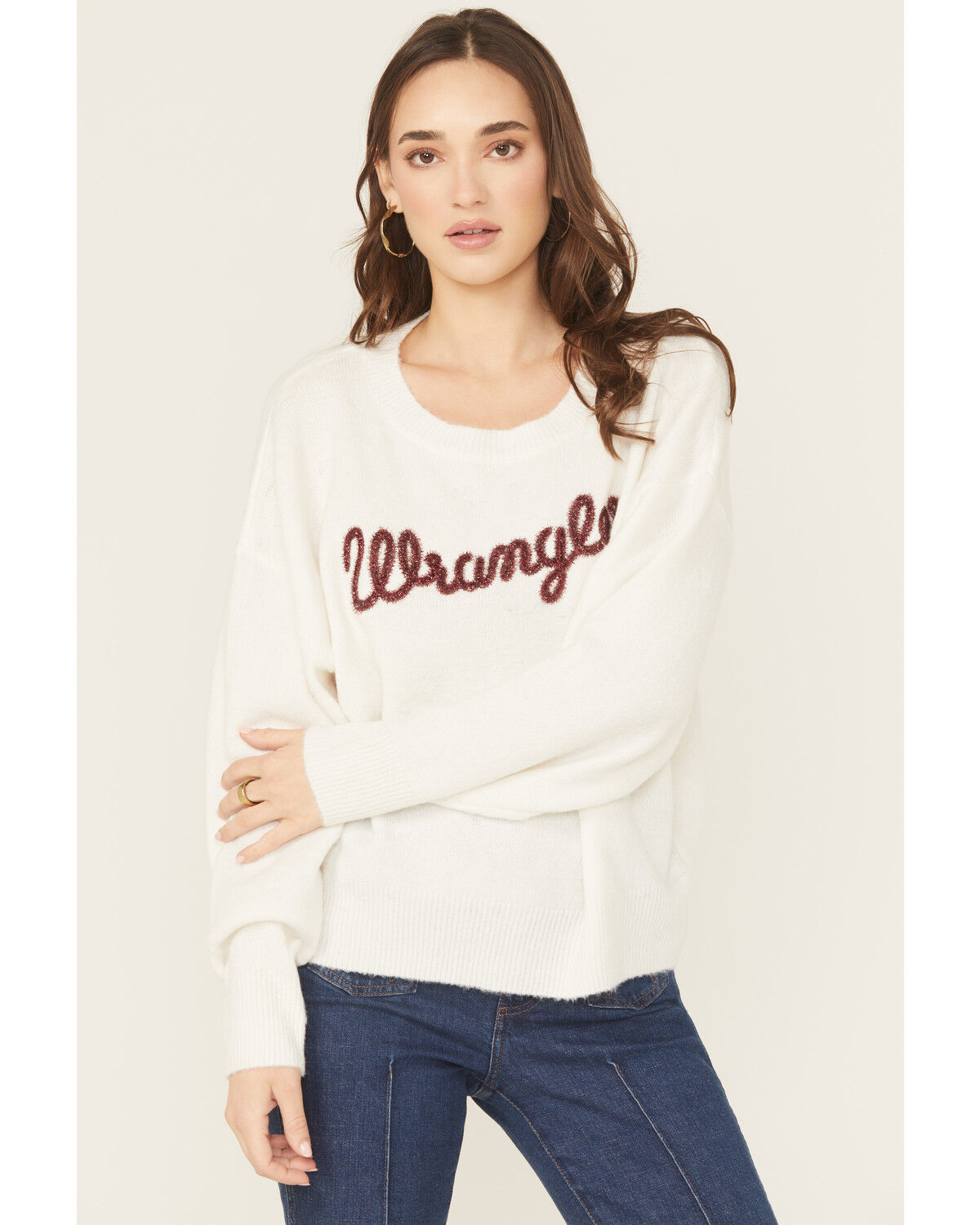 Wrangler Retro Women's Glitter Logo Sweater, White, hi-res