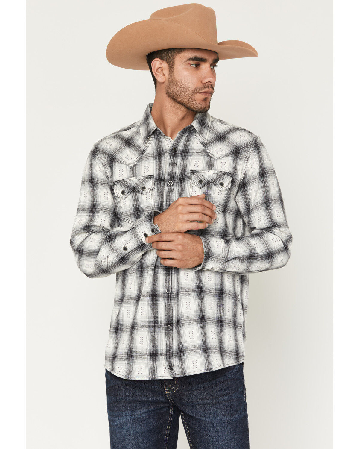 Moonshine Spirit&reg; Men's Smoke Stack Plaid Print Long Sleeve Snap Western Shirt, Ivory, hi-res