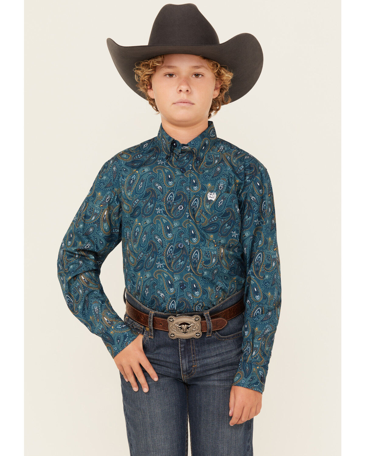 Cinch Boys' Paisley Print Long Sleeve Button-Down Western Shirt, Blue, hi-res