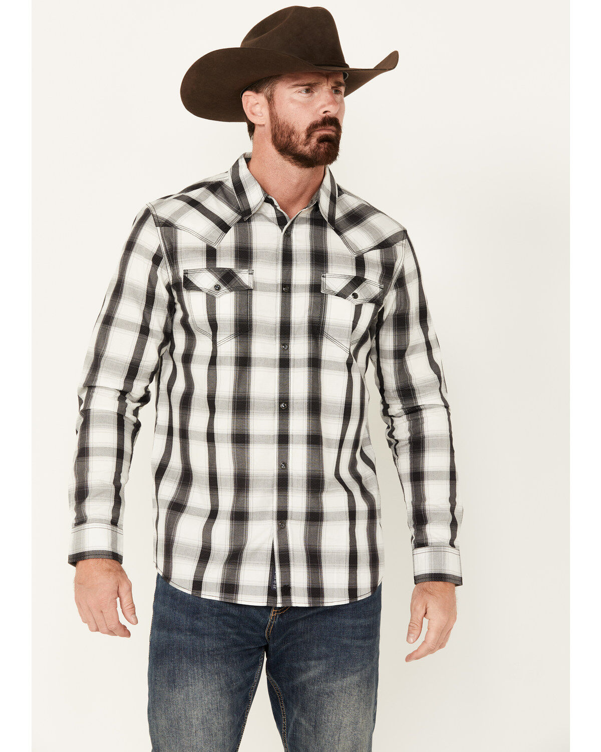 Image #1 - Moonshine Spirit&reg; Men's Skylark Plaid Print Long Sleeve Pearl Snap Western Shirt, White, hi-res