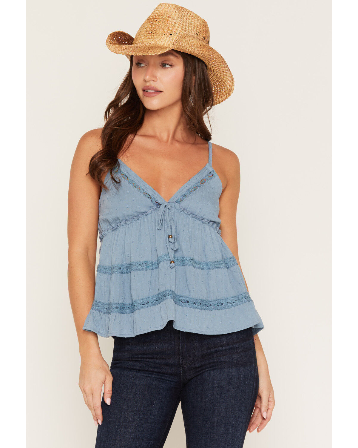 Angie Women's Swiss Dot Sleeveless Lace Trim Tiered Cami, Blue, hi-res