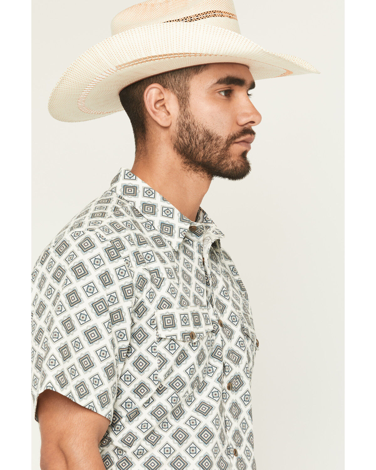 Image #2 - Gibson Trading Co Men's Time Warp Medallion Print Short Sleeve Snap Western Shirt, Ivory, hi-res