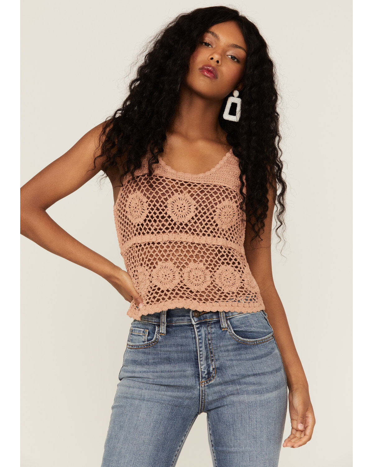 Image #1 - Saints & Hearts Women's Crochet Pattern Tank, Peach, hi-res
