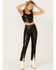 Image #1 - Sadie & Sage Women's Night Owl Embroidered Front Slit Faux Leather Pants , Black, hi-res