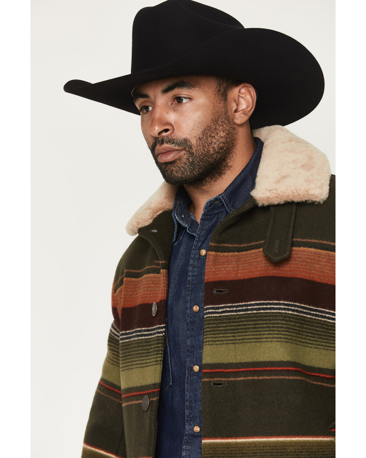 Image #2 - Pendleton Men's Dayton Serape Striped Shearling Collar Button-Down Wool Coat, Olive, hi-res