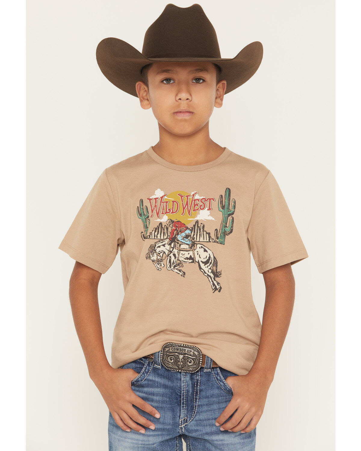 Image #1 - Sable Sky Boys' Wild West Short Sleeve Graphic T-Shirt, Brown, hi-res
