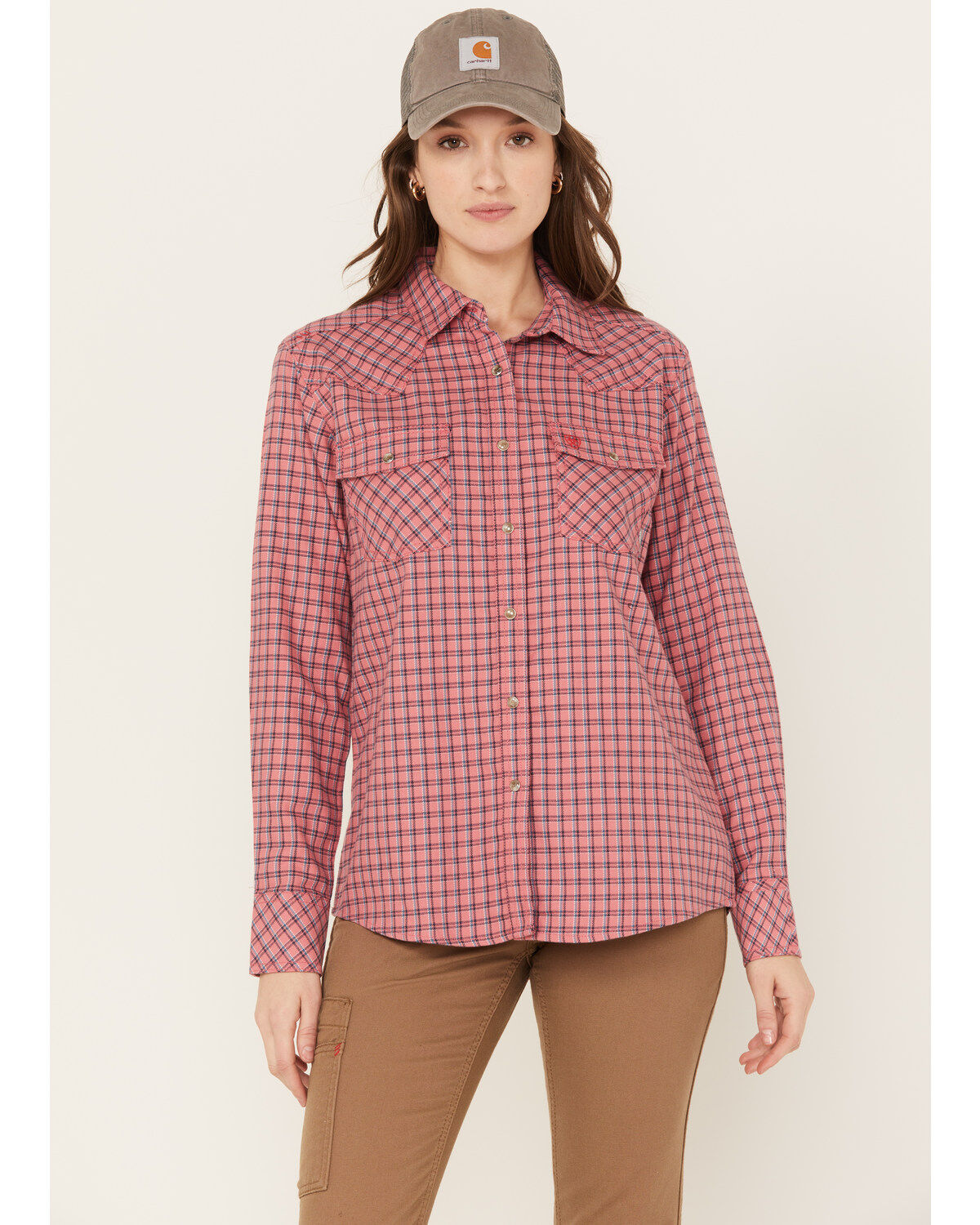 Image #1 - Ariat Women's Fire Resistant Plaid Print Long Sleeve Button-Down Work Shirt, Dark Pink, hi-res