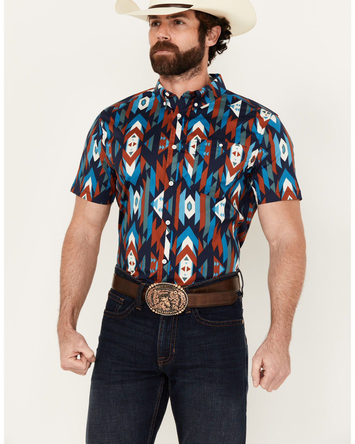 Image #1 - RANK 45&reg; Men's Raflame Southwestern Print Button-Down Stretch Western Shirt, Dark Orange, hi-res