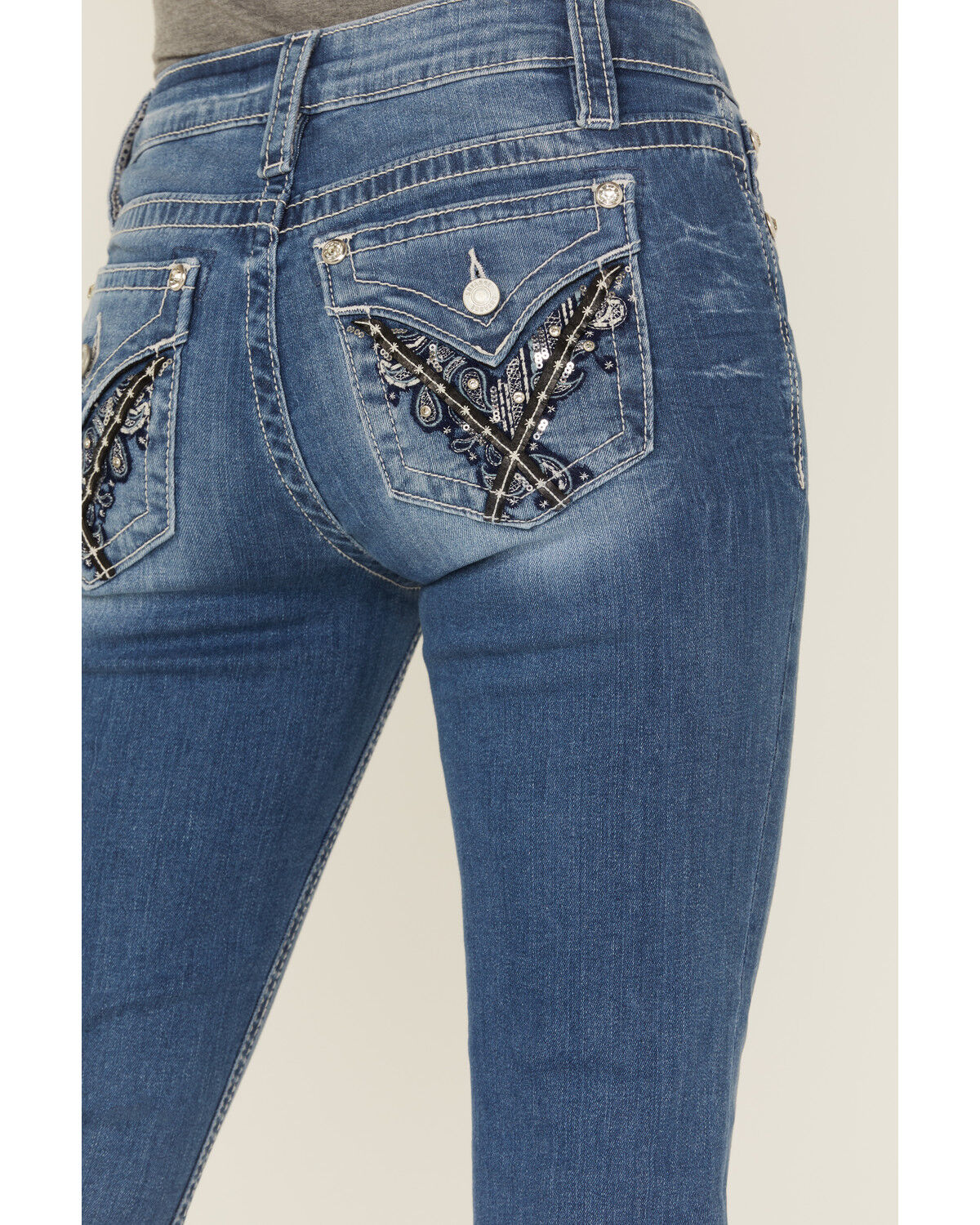 Image #4 - Shyanne Women's Mid Rise Medium Wash Bootcut Paisley Faux Flap Stretch Denim Jeans, Medium Wash, hi-res