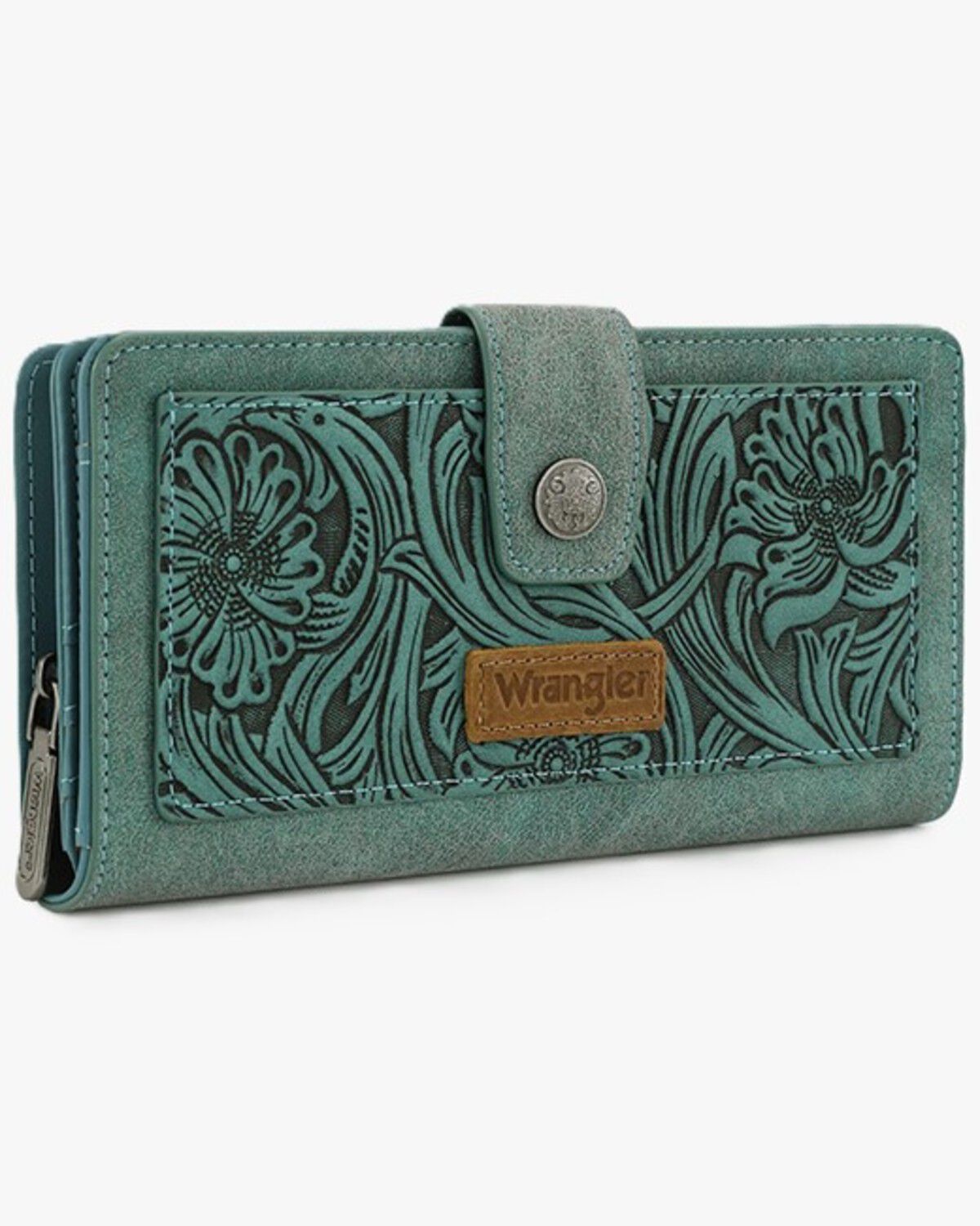 Wrangler Women's Floral Tooled Wallet, Turquoise, hi-res