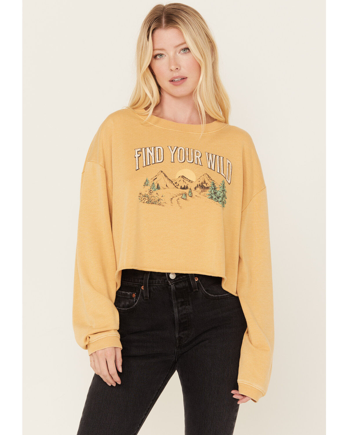 Cleo + Wolf Women's Find Your Wild Graphic Cropped Sweatshirt, Ivory, hi-res