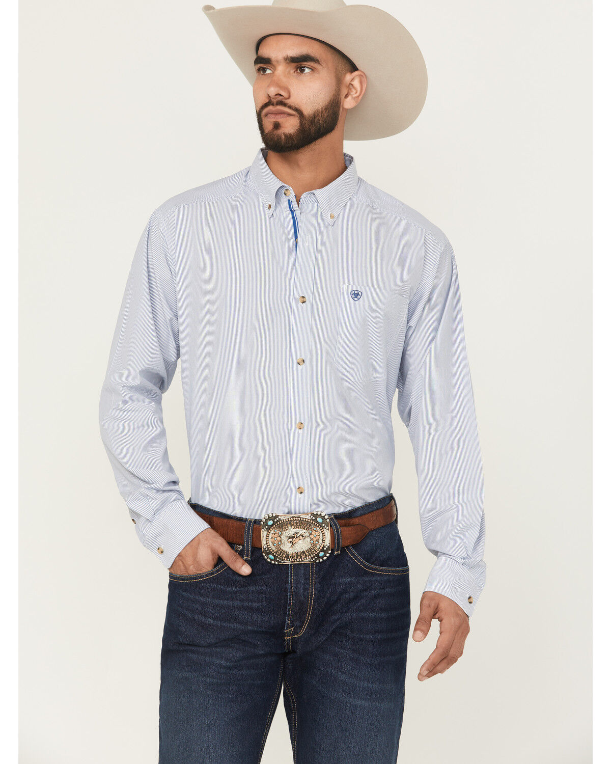 Ariat Men's Dayne Mini Striped Long Sleeve Western Shirt, Blue, hi-res