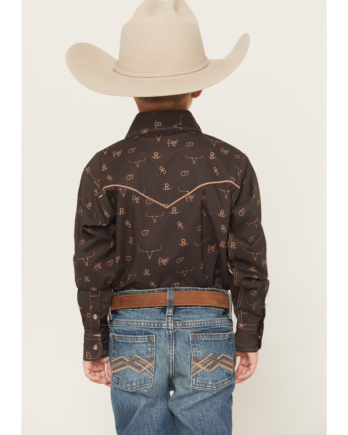 Image #4 - Cowboy Hardware Boys' Branding Iron Long Sleeve Snap Stretch Western Shirt, Brown, hi-res