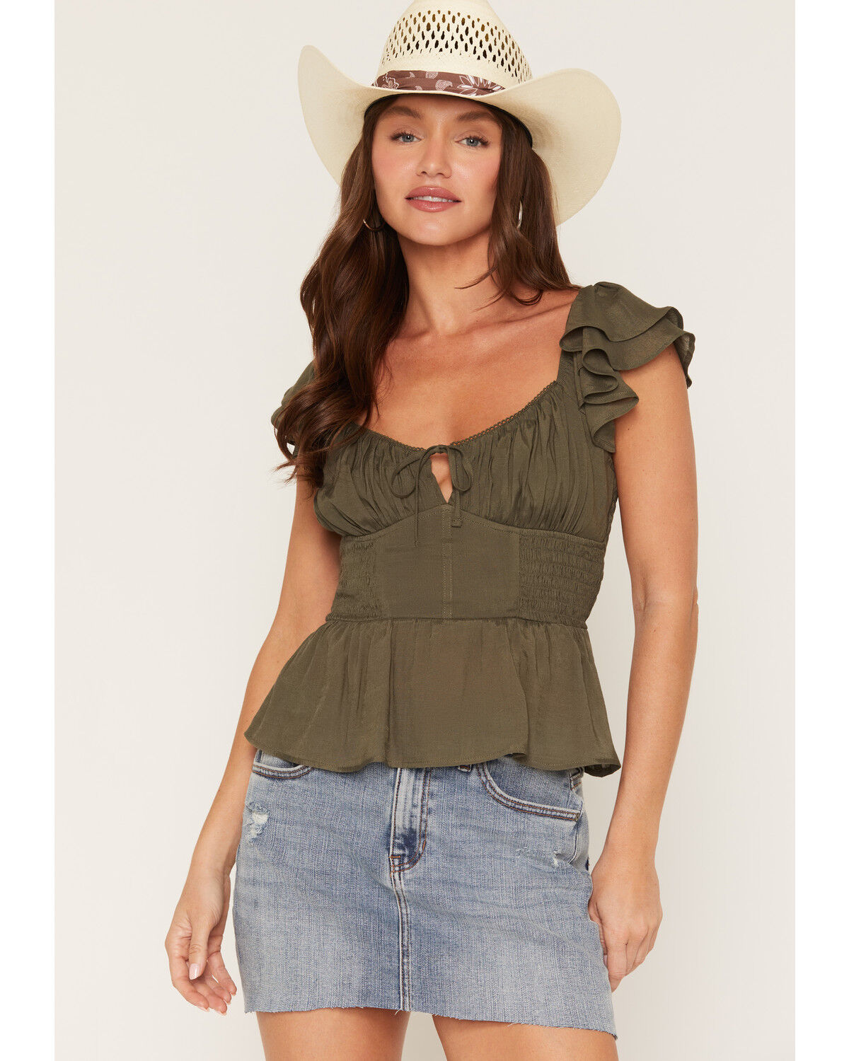 Ash & Violet Women's Solid Flutter Sleeve Top, Green, hi-res