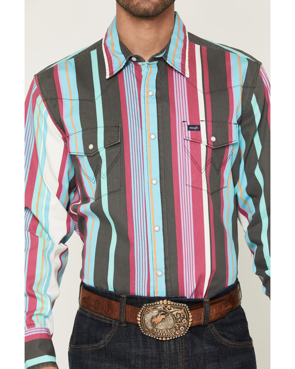 Image #3 - Wrangler Men's Brushpopper Denim Striped Long Sleeve Snap Western Shirt, Multi, hi-res