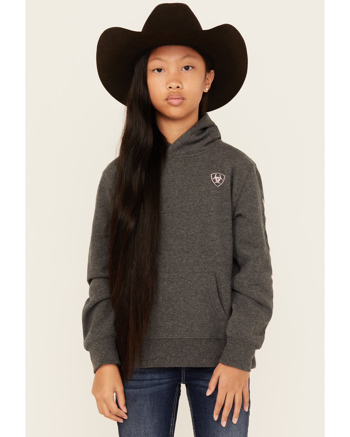 Ariat Girls' Boot Barn Exclusive Logo Hoodie, Charcoal, hi-res