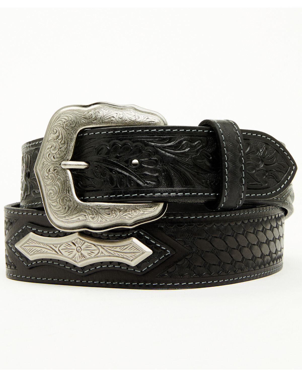 Cody James Men's Concho Tooled Western Belt, Black, hi-res