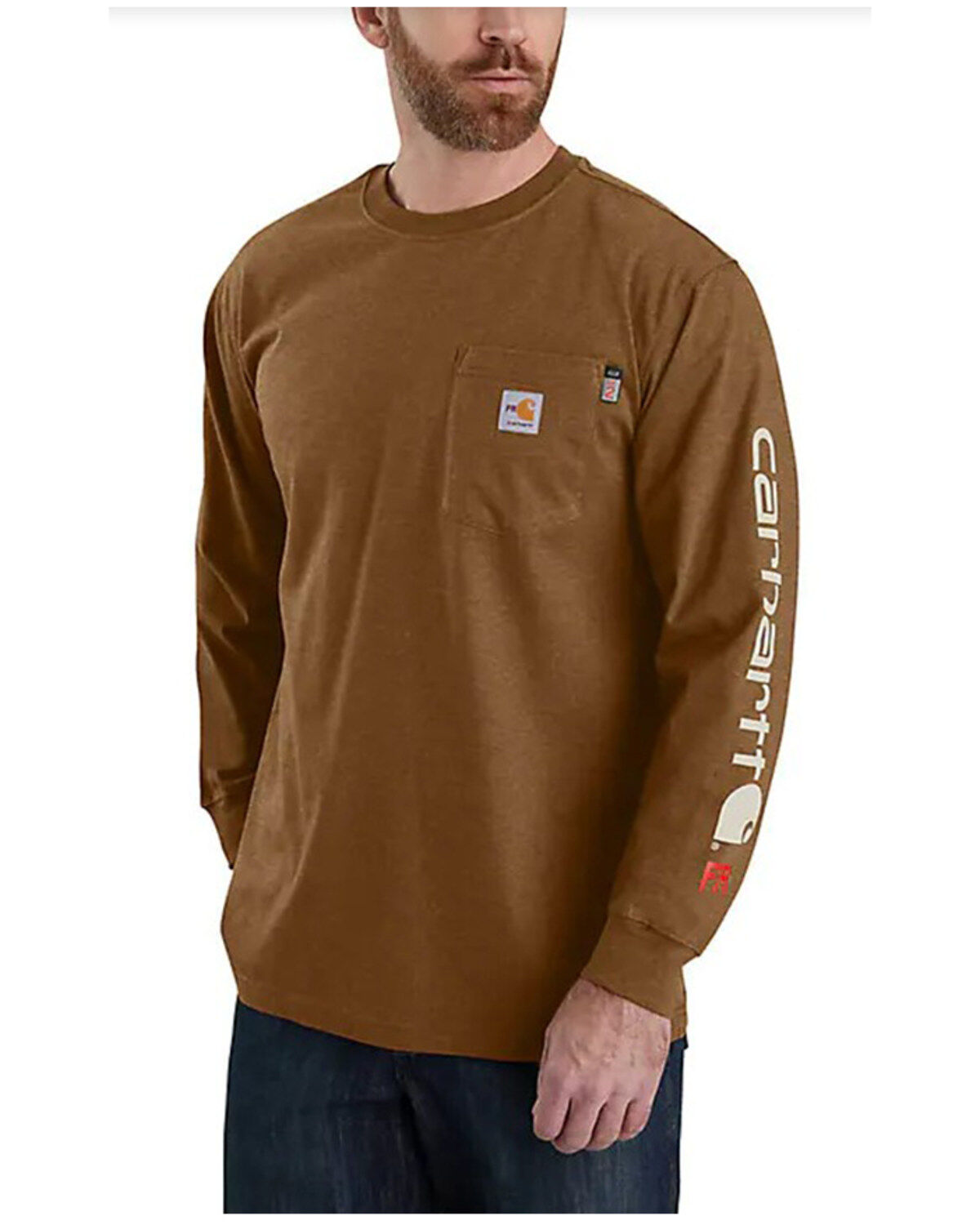 Image #1 - Carhartt Men's FR Force&reg; Loose Fit Midweight Long Sleeve Logo Graphic T-Shirt, Brown, hi-res