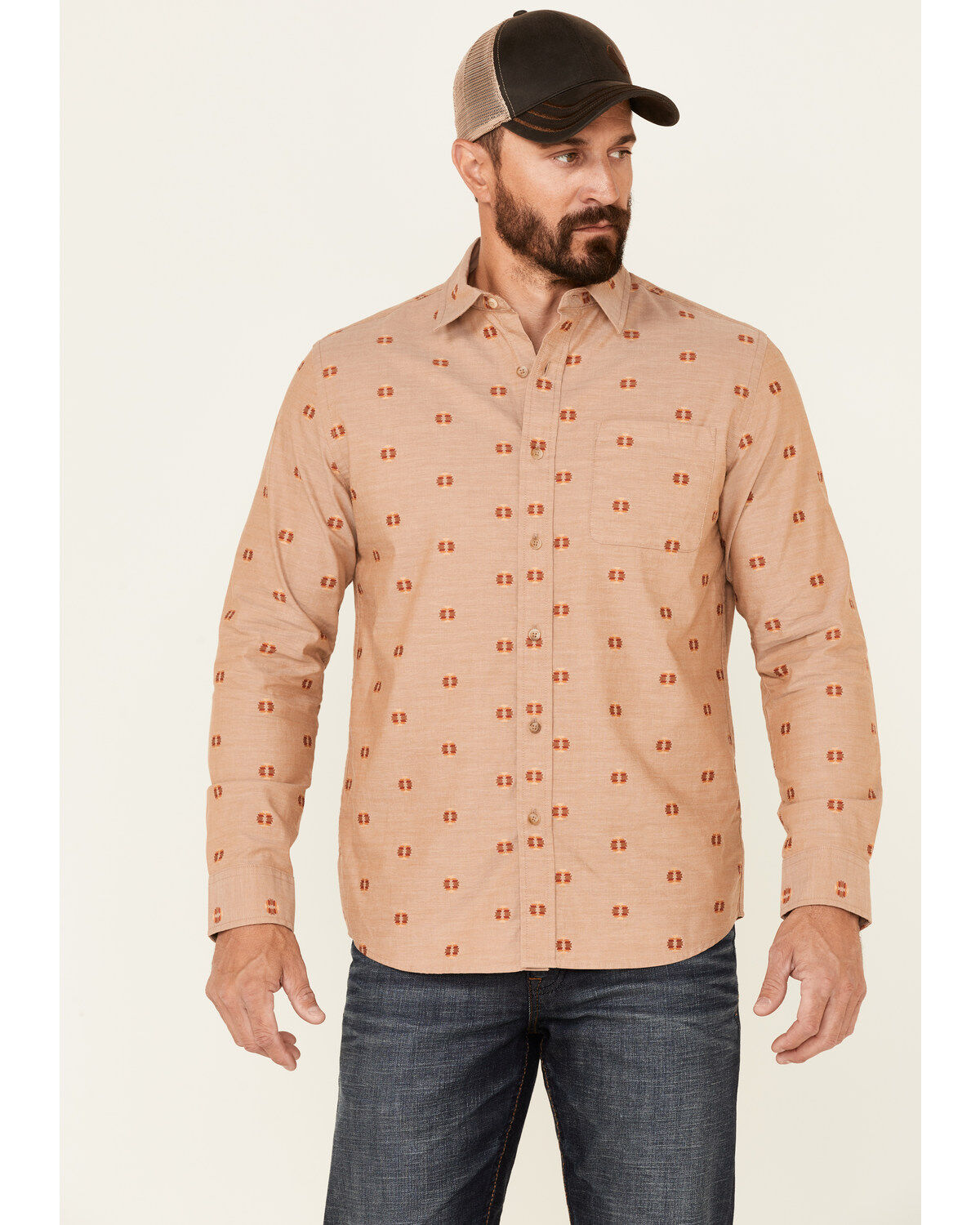 Image #1 - Pendleton Men's All-Over Dobby Chambray Long Sleeve Button-Down Western Shirt, Tan, hi-res