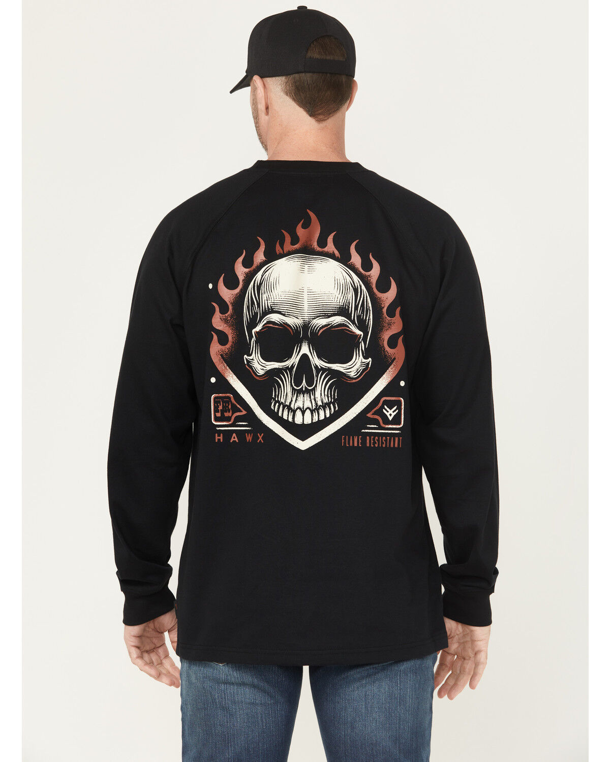 Image #1 - Hawx Men's FR Flaming Skull Long Sleeve Graphic Work T-Shirt, Black, hi-res