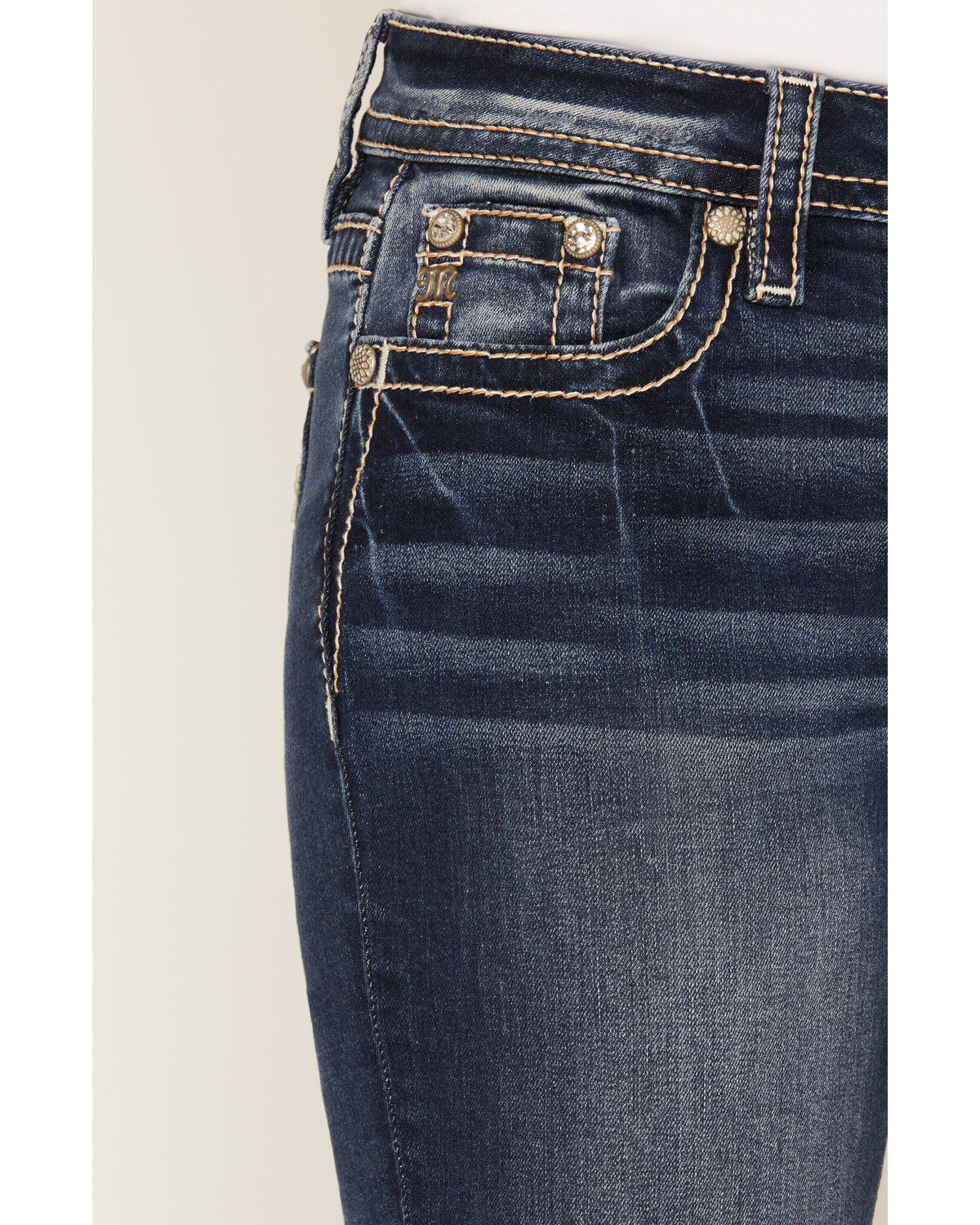 Image #4 - Miss Me Women's Dark Wash Mid Rise Fleur de Lis 32" Bootcut Stretch Denim Jeans, Dark Wash, hi-res