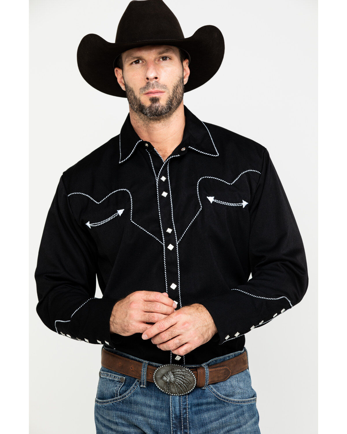 Scully Men's Embroidered Long Sleeve Snap Western Shirt, Black, hi-res