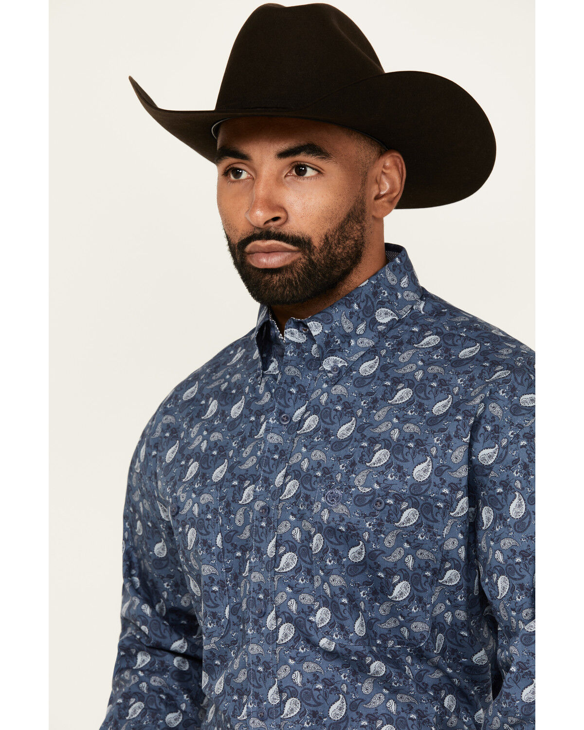 Image #2 - George Strait by Wrangler Men's Paisley Print Long Sleeve Button-Down Stretch Western Shirt - Tall, Navy, hi-res