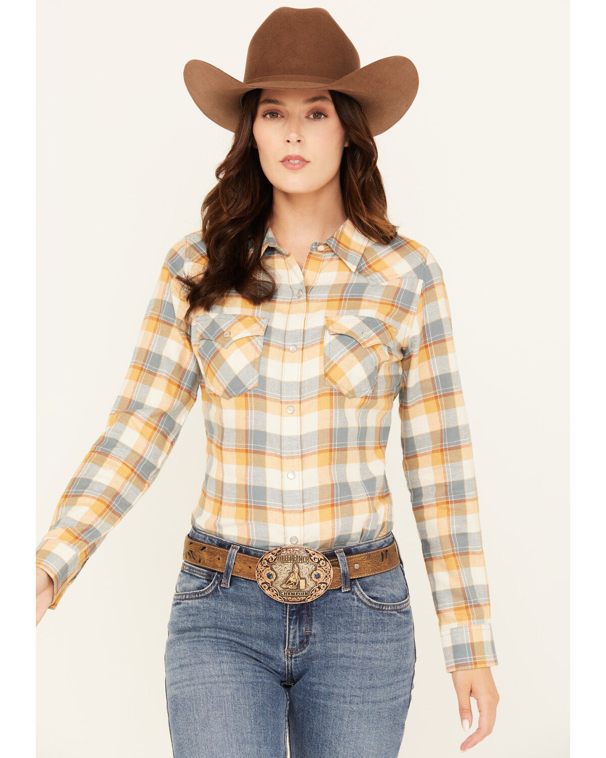 Image #1 - Wrangler Retro Women's Boot Barn Exclusive Plaid Print Long Sleeve Pearl Snap Flannel Shirt, Blue, hi-res