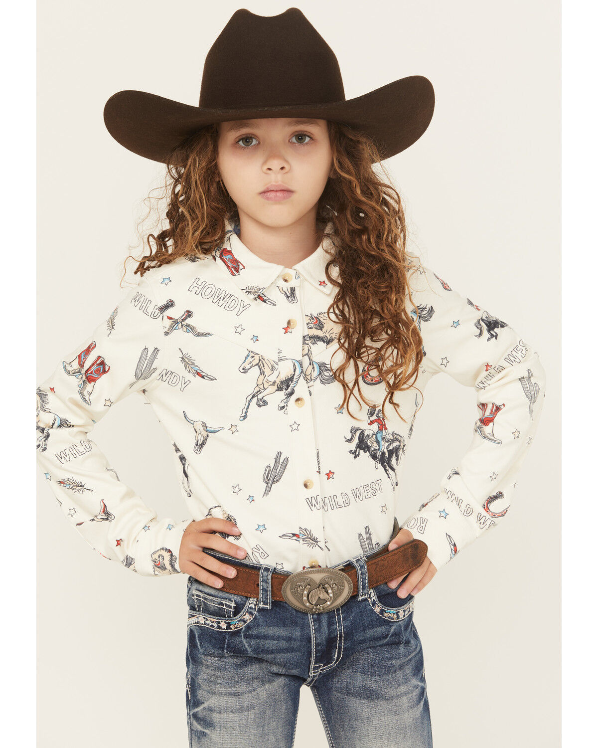 Shyanne Girls' Conversation Print Long Sleeve Button-Down Faux Suede Western Shirt, Ivory, hi-res