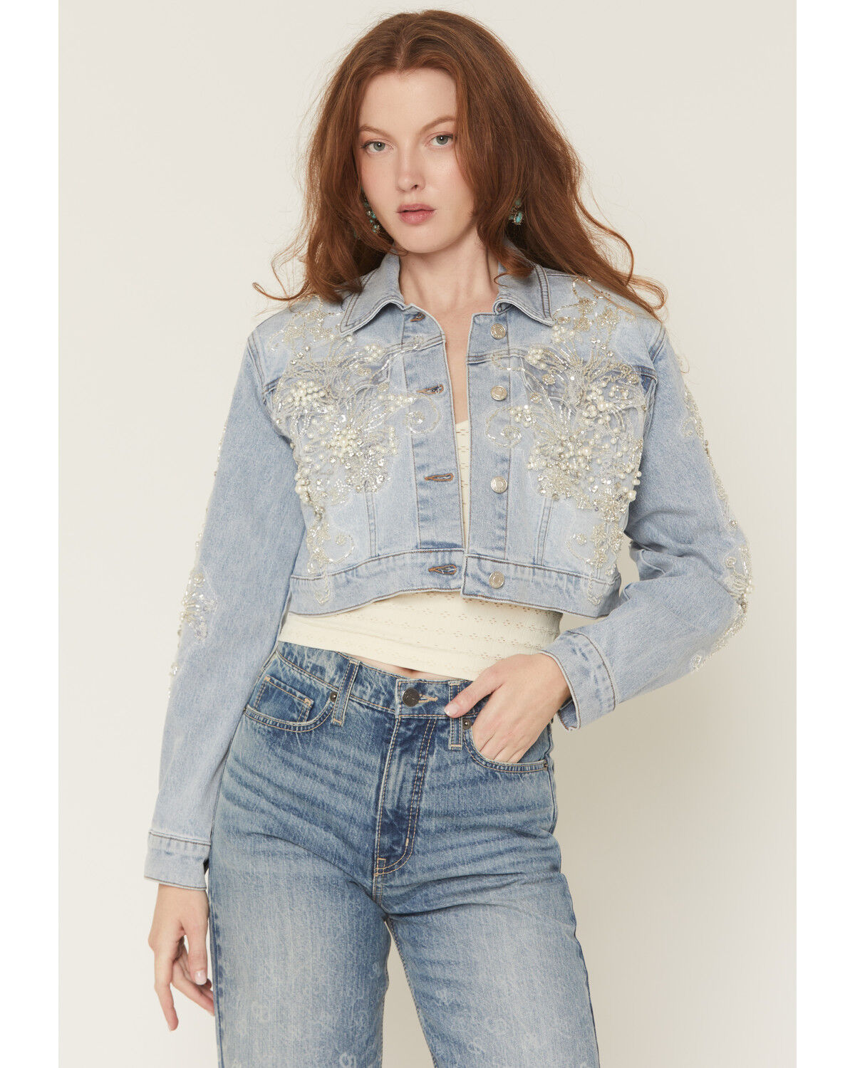 Image #1 - Azalea Wang Women's Light Wash Embellished Button-Down Cropped Denim Jacket, Light Wash, hi-res