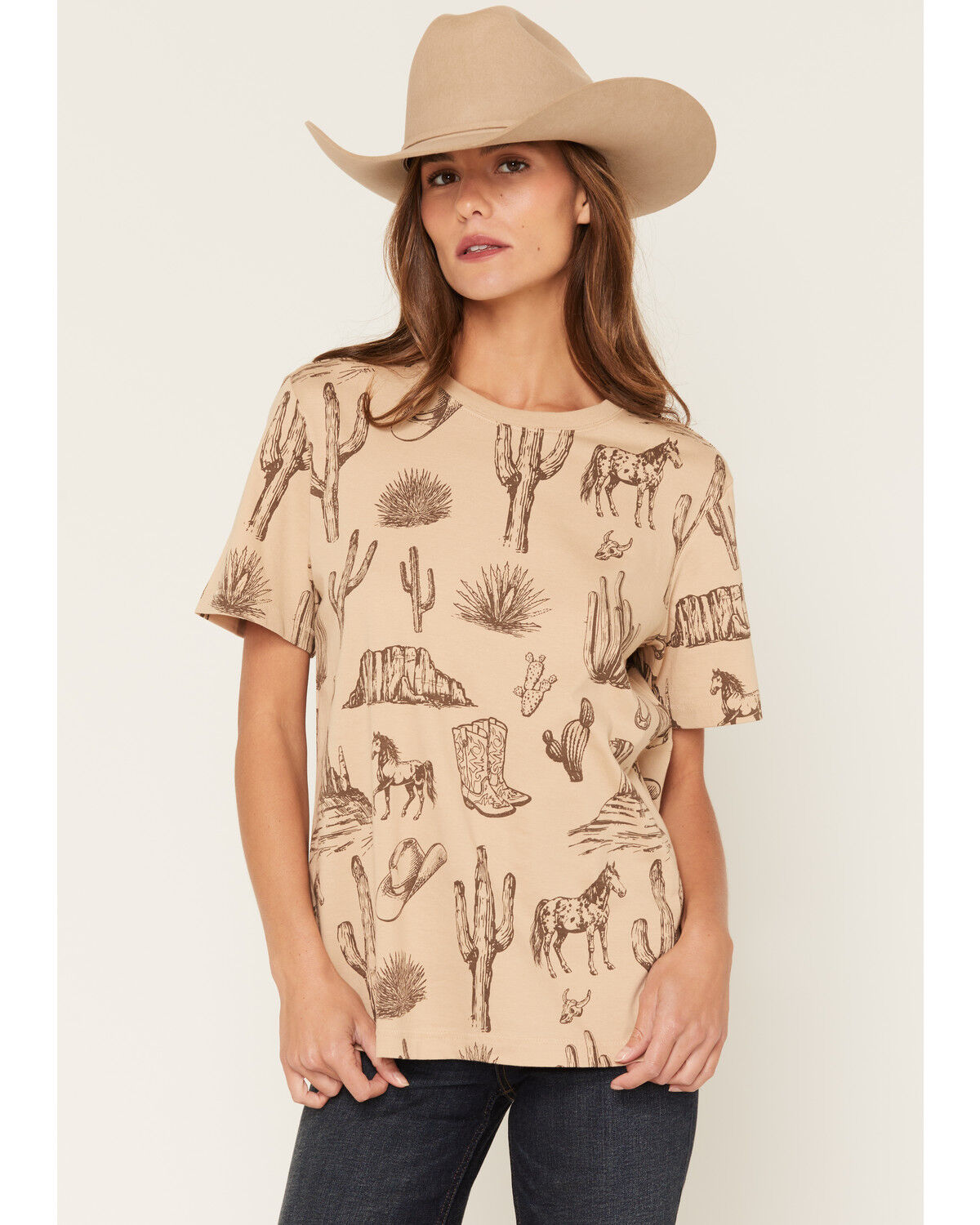 Shyanne Women's Highland Scattered Conversation Print Short Sleeve Boyfriend Graphic Tee, Khaki, hi-res