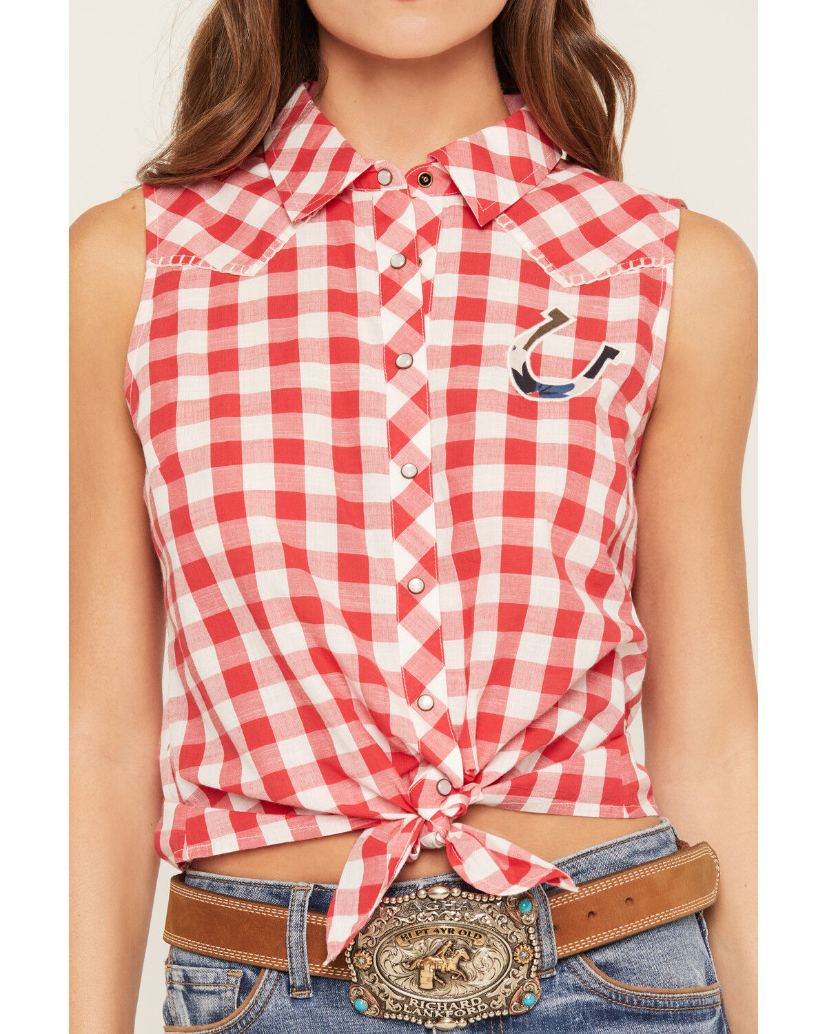 Image #3 - Shyanne Women's Dunes Gingham Tie-Front Sleeveless Pearl Snap Western Shirt, Red, hi-res