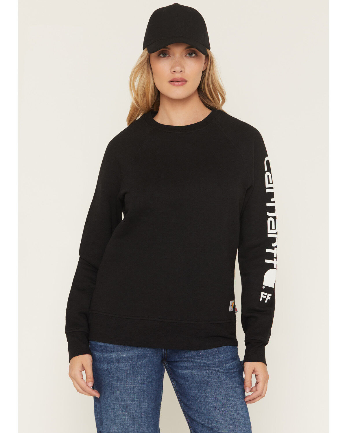 Image #1 - Carhartt Women's FR Force&reg; Relaxed Fit Midweight Logo Sleeve Graphic Sweatshirt, Black, hi-res