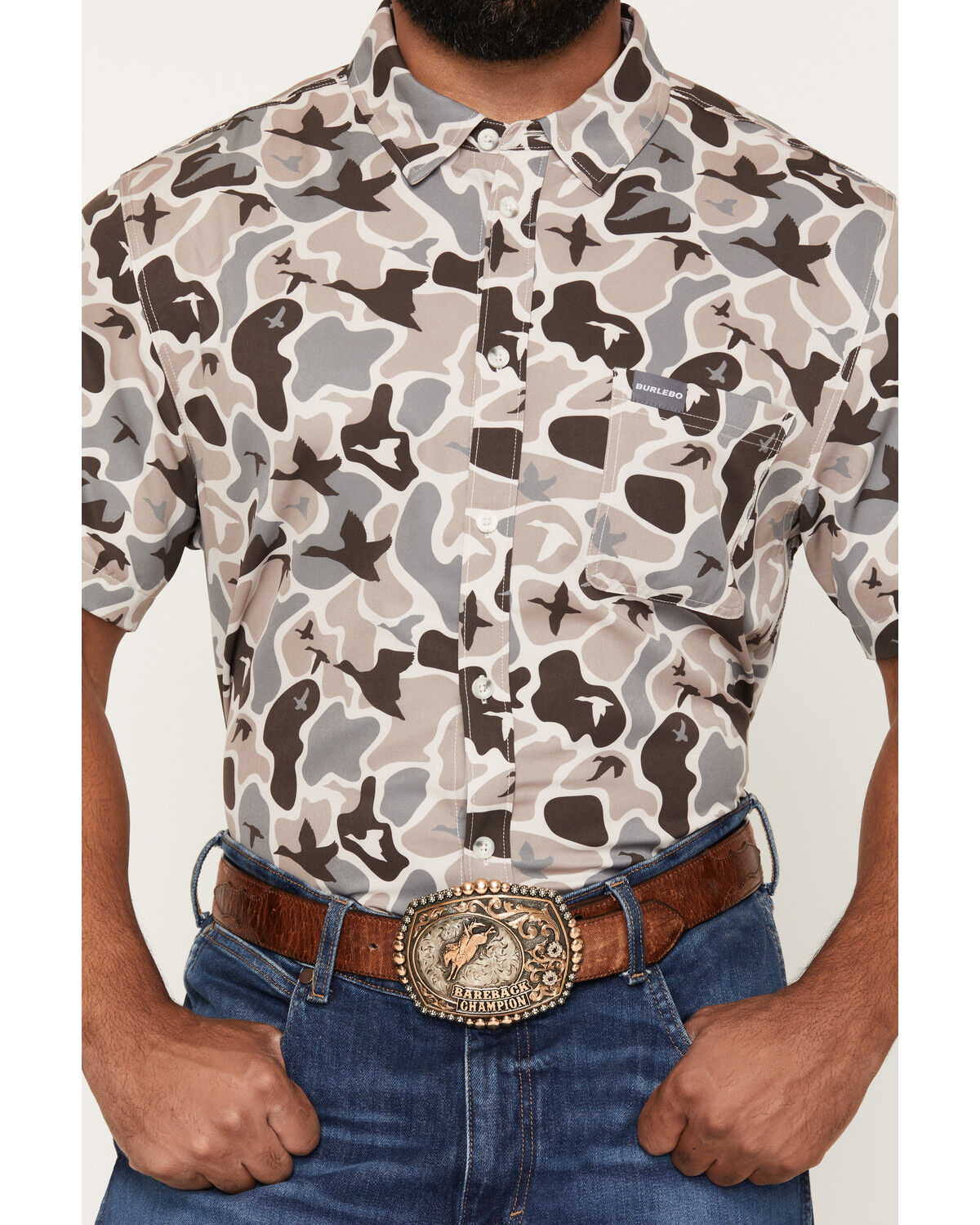 Image #3 - Burlebo Men's Mallard Camo Print Short Sleeve Button-Down Performance Western Shirt, Camouflage, hi-res