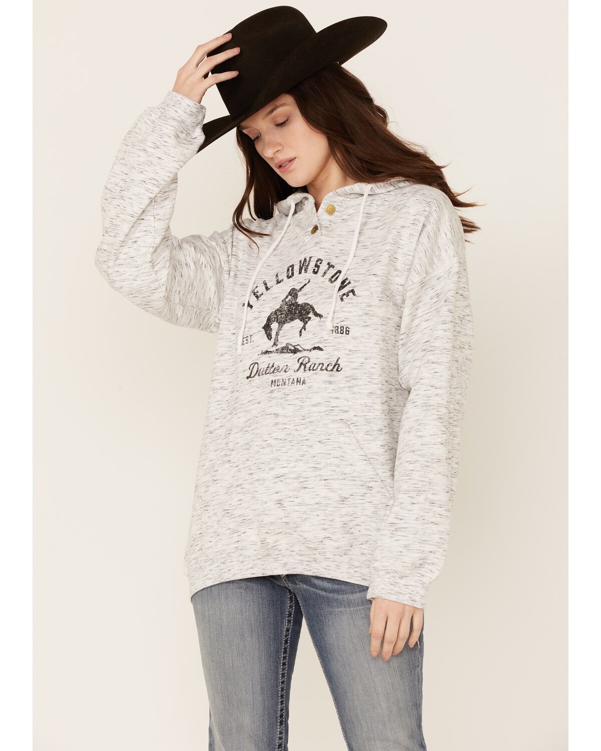 Image #1 - Paramount Network's Yellowstone Women's Bronco Graphic Hooded Pullover, Heather Grey, hi-res