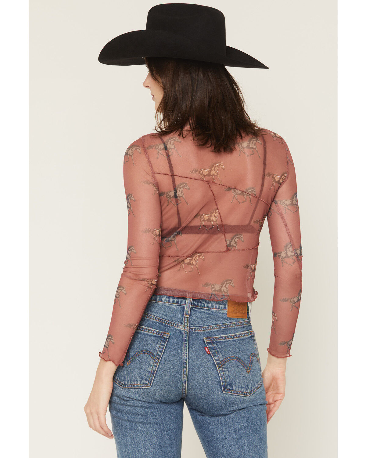 Image #4 - Rock & Roll Denim Women's Horse Print Long Sleeve Mesh Top, Rust Copper, hi-res