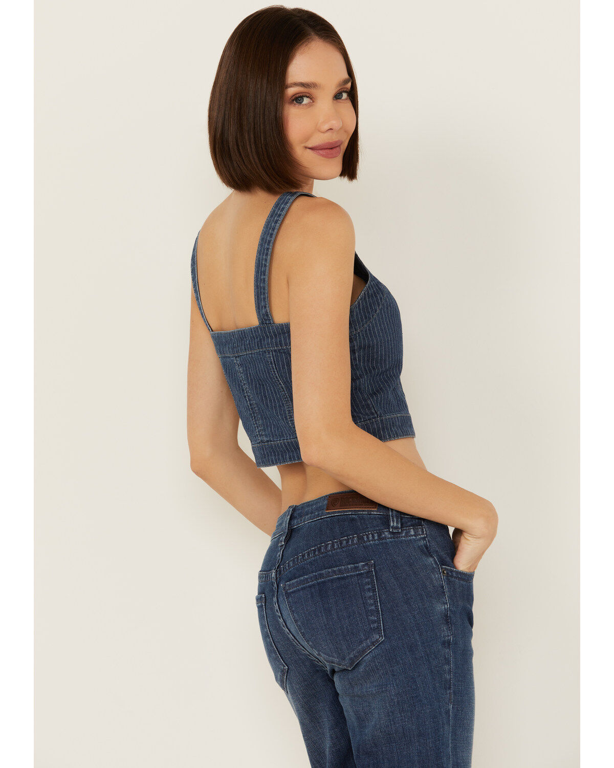 Image #4 - Rock & Roll Denim Women's Dark Wash Pinstripe Denim Corset Crop Top, Dark Wash, hi-res