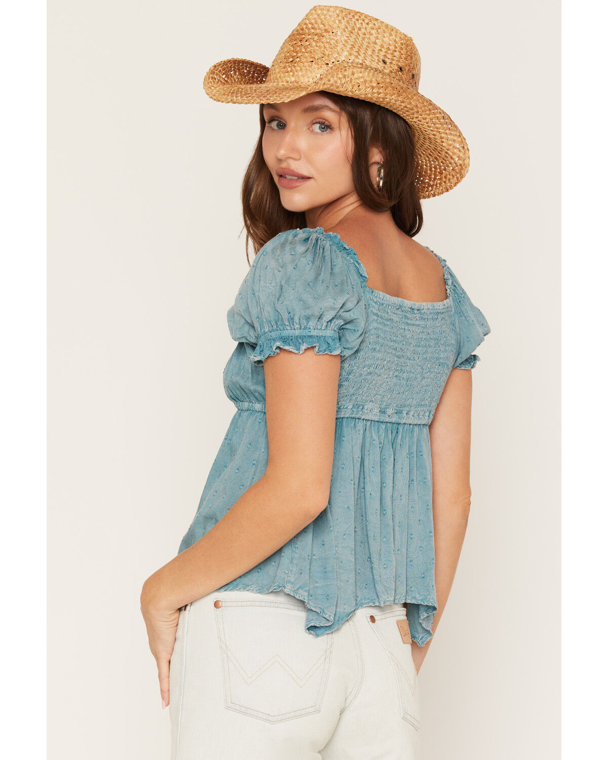 Image #4 - Angie Women's Gathered Self Tie Short Sleeve Top, Blue, hi-res