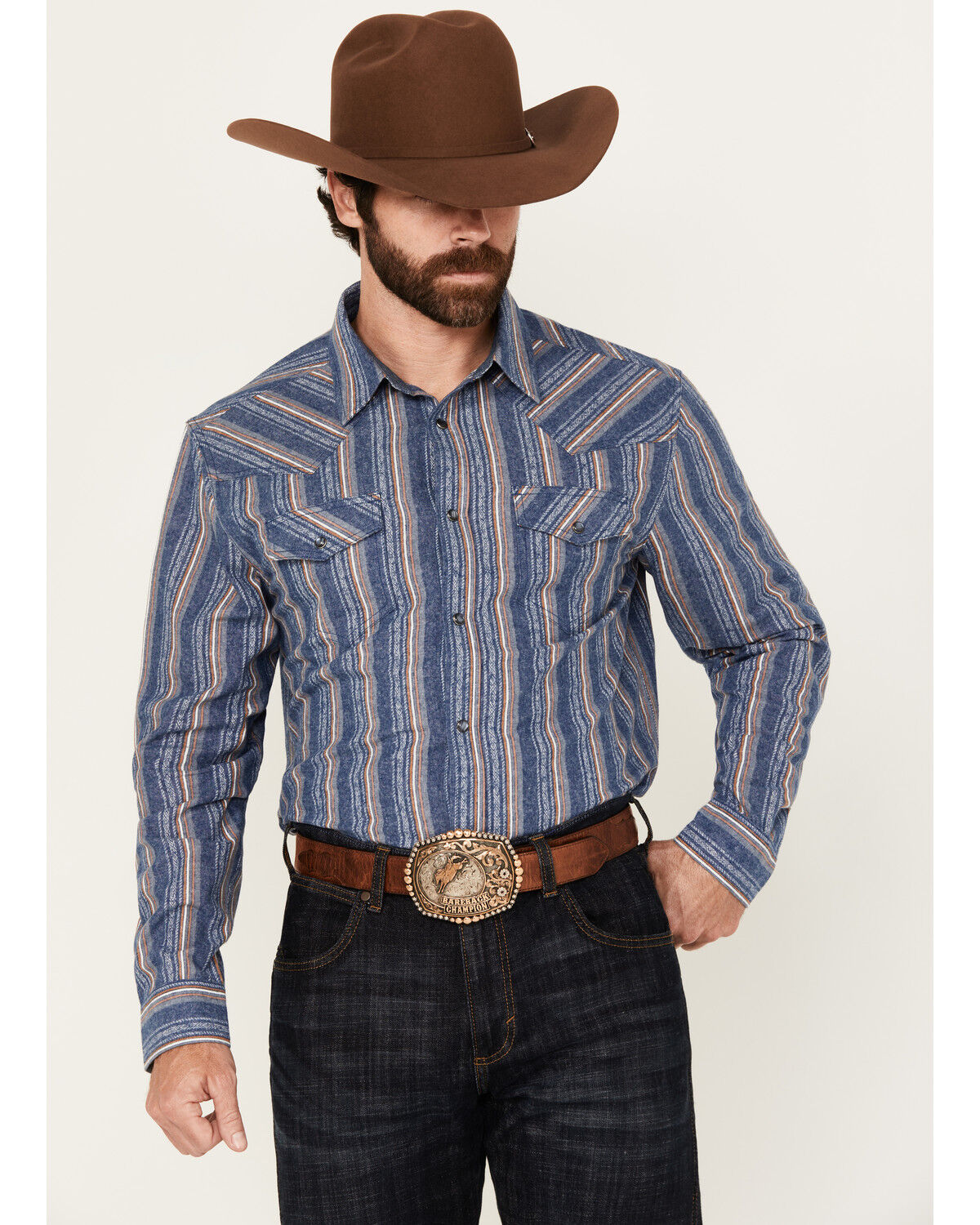 Cody James Men's Alpine Southwestern Striped Long Sleeve Pearl Snap Western Shirt, Navy, hi-res