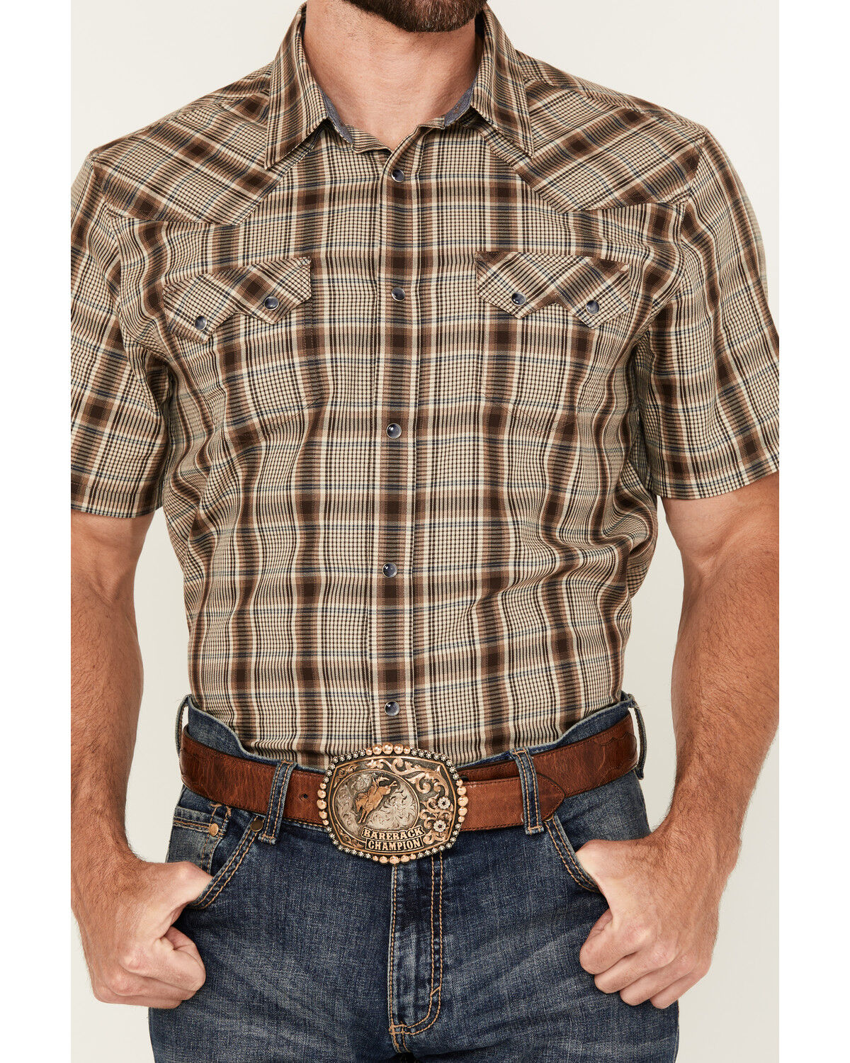 Image #3 - Cody James Men's Poncho Plaid Print Short Sleeve Snap Western Shirt - Tall, Brown, hi-res