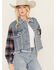 Image #2 - Miss Me Women's Medium Wash Denim Plaid Crochet Back Cropped Jacket , Medium Wash, hi-res