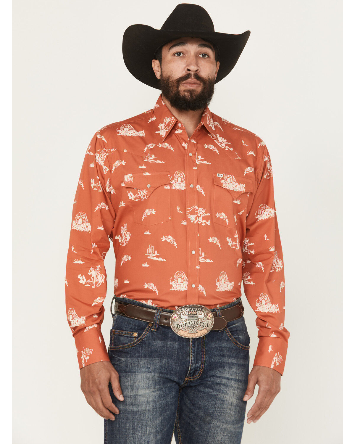 Ely Walker Men's Horse Print Long Sleeve Snap Western Shirt, Dark Orange, hi-res