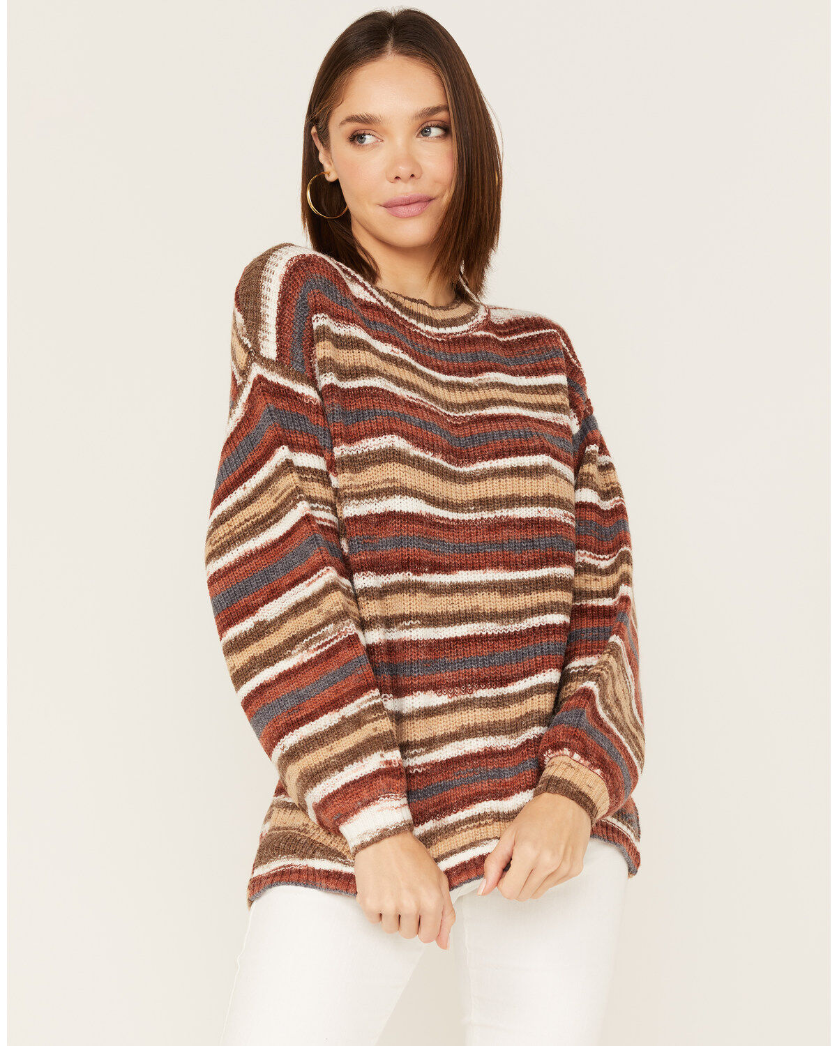 Cleo + Wolf Women's Stripe Knit Oversized Sweater, Brown, hi-res