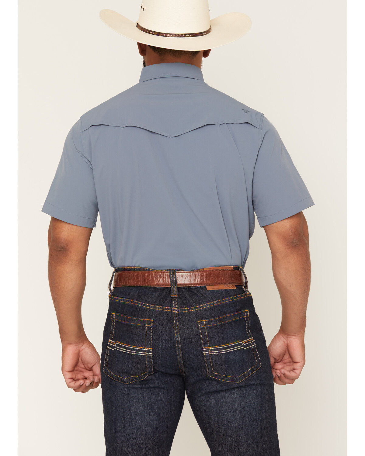 Image #4 - Ferrell Men's Tek Solid Short Sleeve Snap Performance Western Shirt, Blue, hi-res