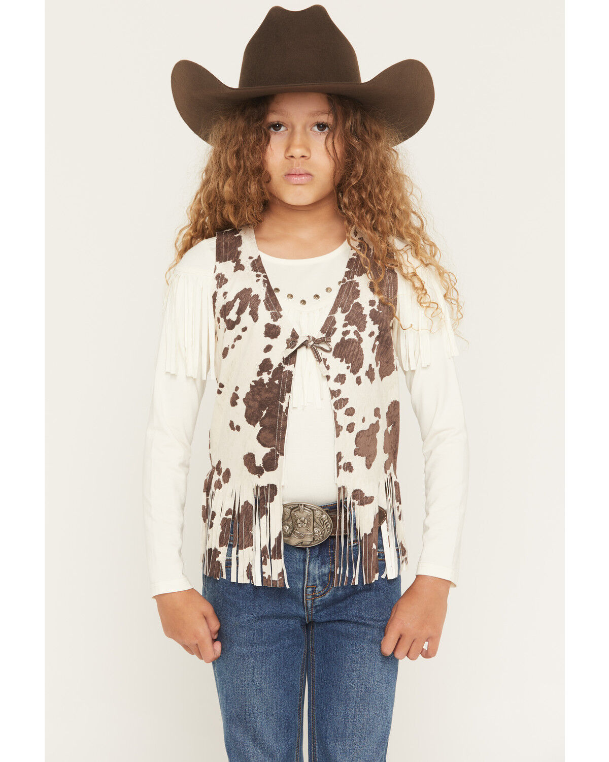 Shyanne Girls' Cora Cow Print Faux Suede Tie Vest, Brown, hi-res