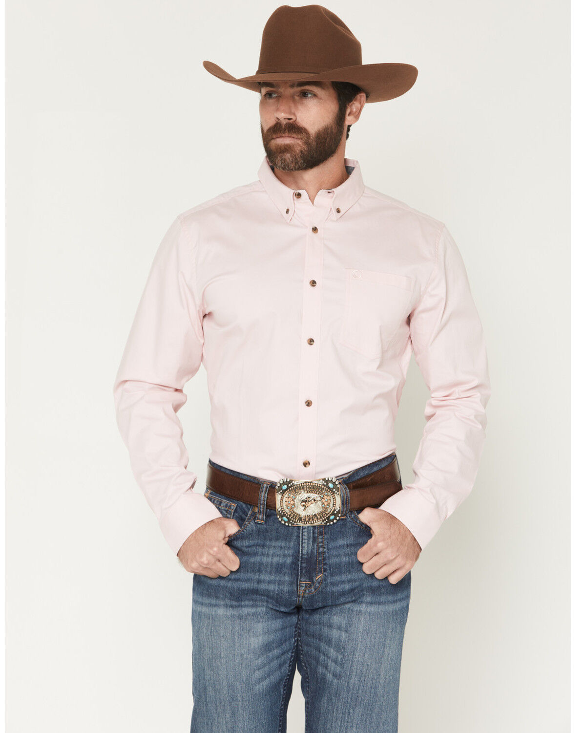 Image #1 - Cody James Men's Basic Solid Long Sleeve Button-Down Stretch Western Shirt - Big, Pink, hi-res